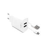 Set síťové nabíječky FIXED s 2xUSB výstupem a USB/micro USB kabelu, 1 metr, 15W Smart Rapid Charge, bílá
