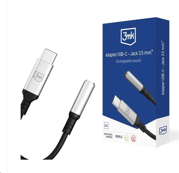 3mk Adaptér USB-C/Jack 3,5 mm (samica) 0,15 m, čierno-strieborný