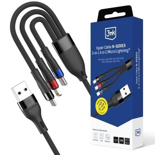 3mk kabel Hyper Cable N-SERIES A to C/Lightning/Micro 1.2m 9V/2A 18W QC3.0 Black
