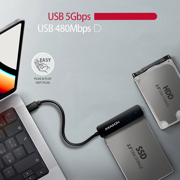 Adaptér AXAGON ADSA-FP2C USB-C 5Gb/s - SATA 6G 2,5" SSD/HDD SLIM