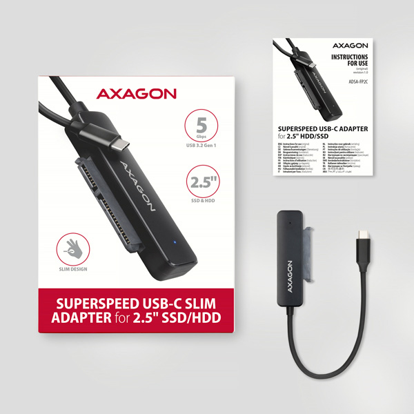 Adaptér AXAGON ADSA-FP2C USB-C 5Gb/s - SATA 6G 2,5" SSD/HDD SLIM