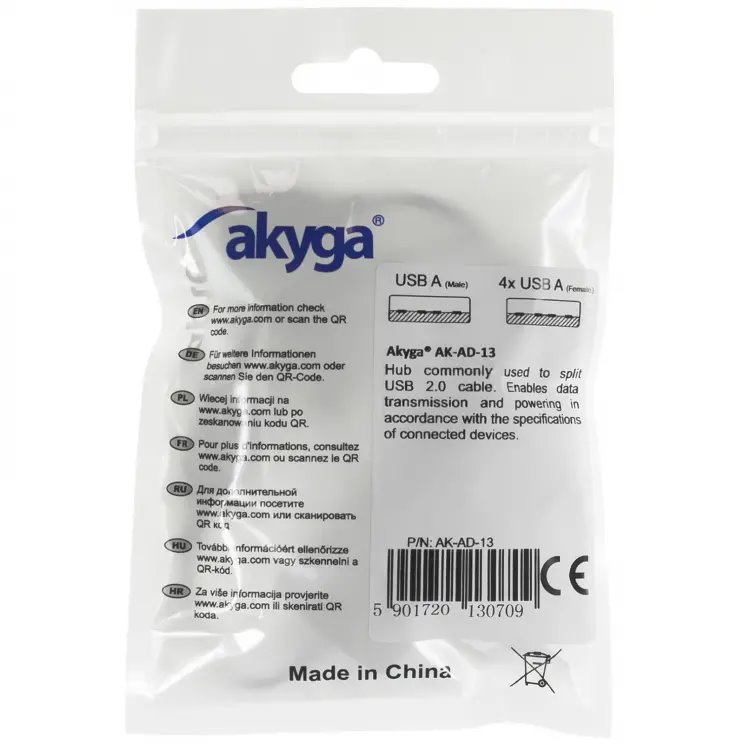 Akyga Hub USB 2.0 4-portový, ABS, čierny, 15 cm