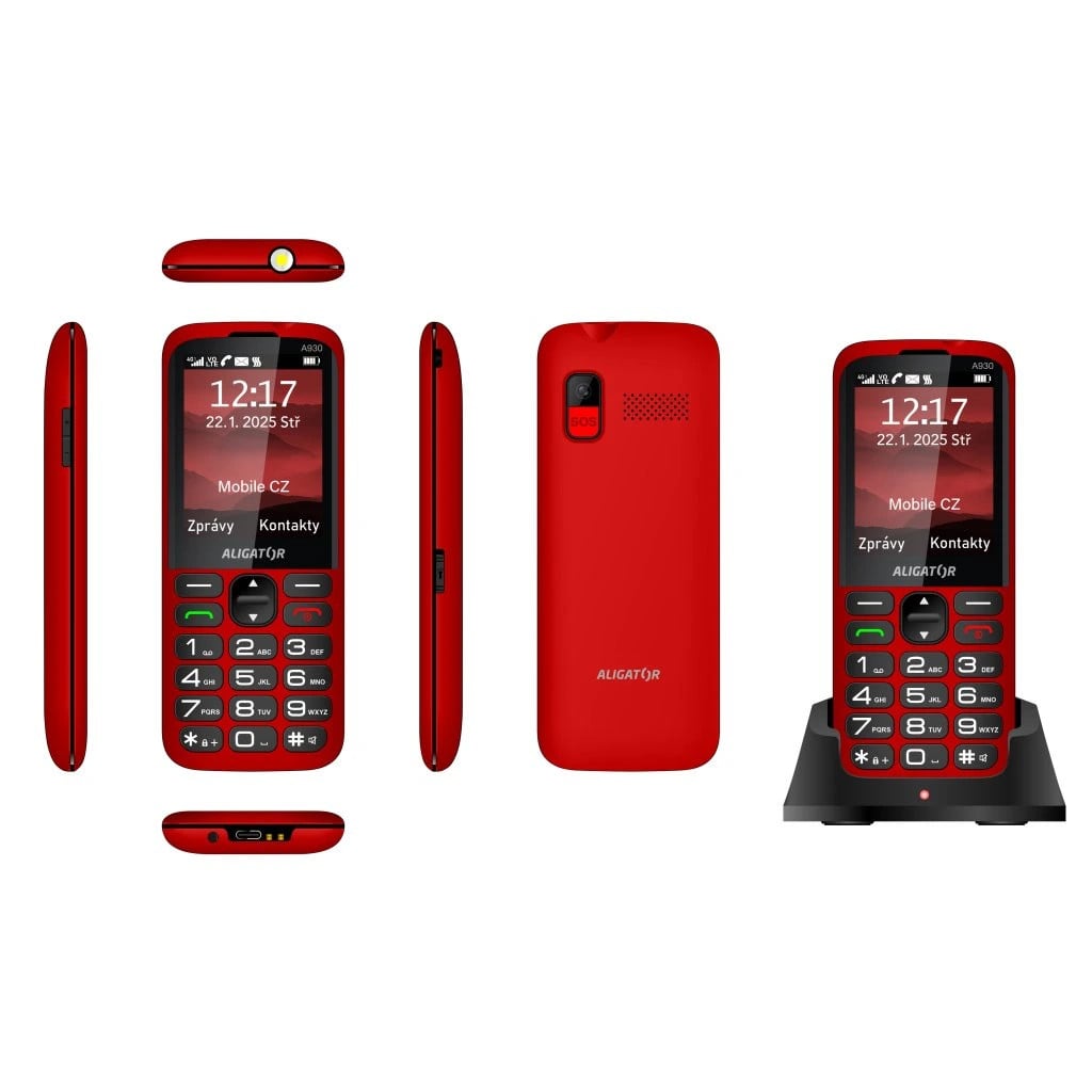 ALIGATOR A930 GPS 4G Senior červený + nabíjací stojan