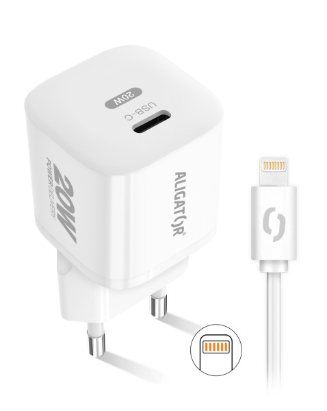 ALIGATOR Mini rýchlonabíjačka, PD 20W, USB-C/bleskový kábel, biela