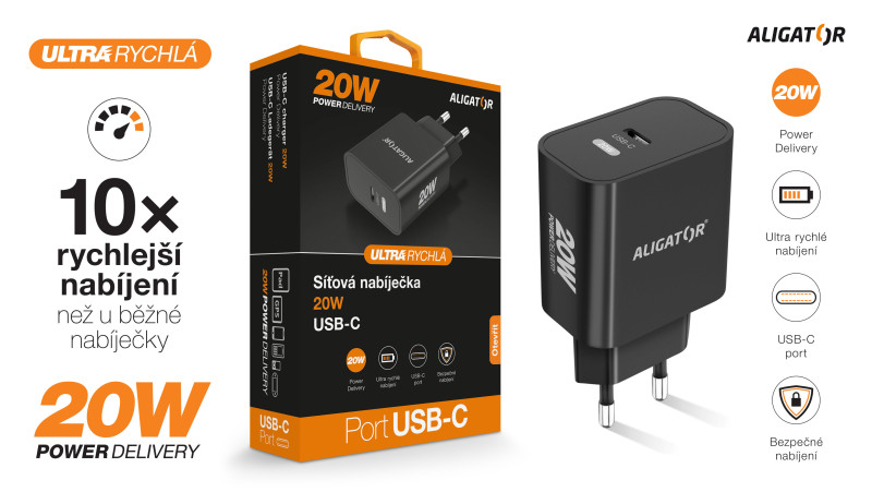 ALIGATOR PD 20W rýchlonabíjačka USB-C, čierna