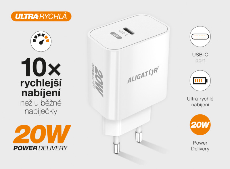 ALIGATOR PD 20W rýchlonabíjačka USB-C, kábel USB-C/USB-C, biela