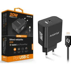 ALIGATOR PD 20W rýchlonabíjačka USB-C s káblom USB-C/Lightning(iPhone), čierna
