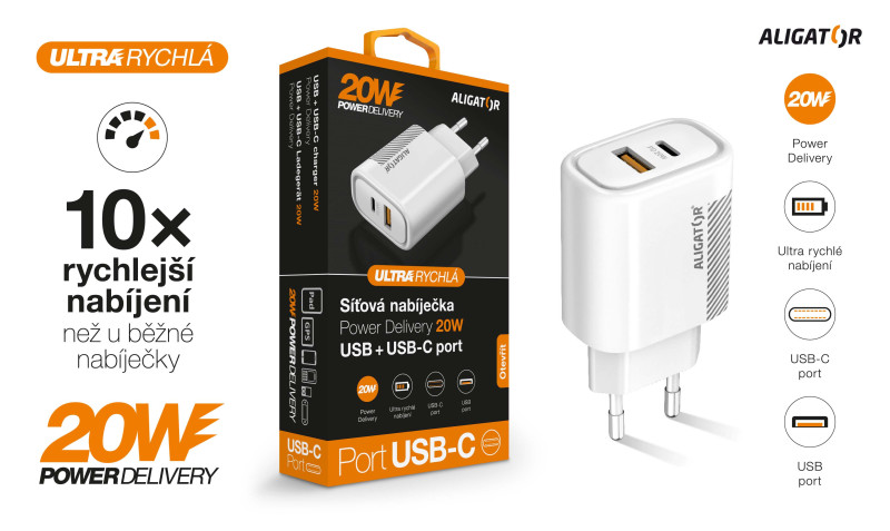 Aligator PD 20W rýchlonabíjačka USB-C + USB, biela