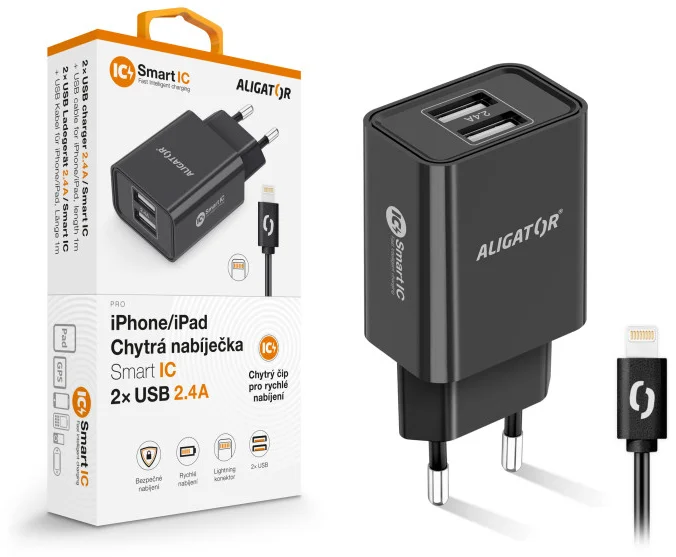 ALIGATOR sieťová nabíjačka iPhone/iPad 2xUSB výst.2,4A, smart IC,čierna