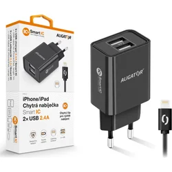 ALIGATOR sieťová nabíjačka iPhone/iPad 2xUSB výst.2,4A, smart IC,čierna