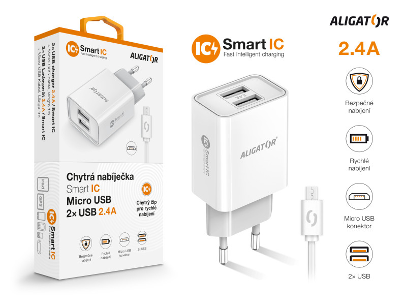 ALIGATOR síťová nabíječka MicroUSB 2xUSB výst. 2,4A, smart IC, bílá