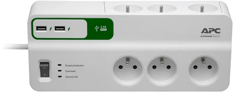 APC Essential SurgeArrest 6 outlets with 6 5V, 2.4A 2 port USB charger, 230V France - prepäťová ochrana zásuviek 1,8m PM6U-FR