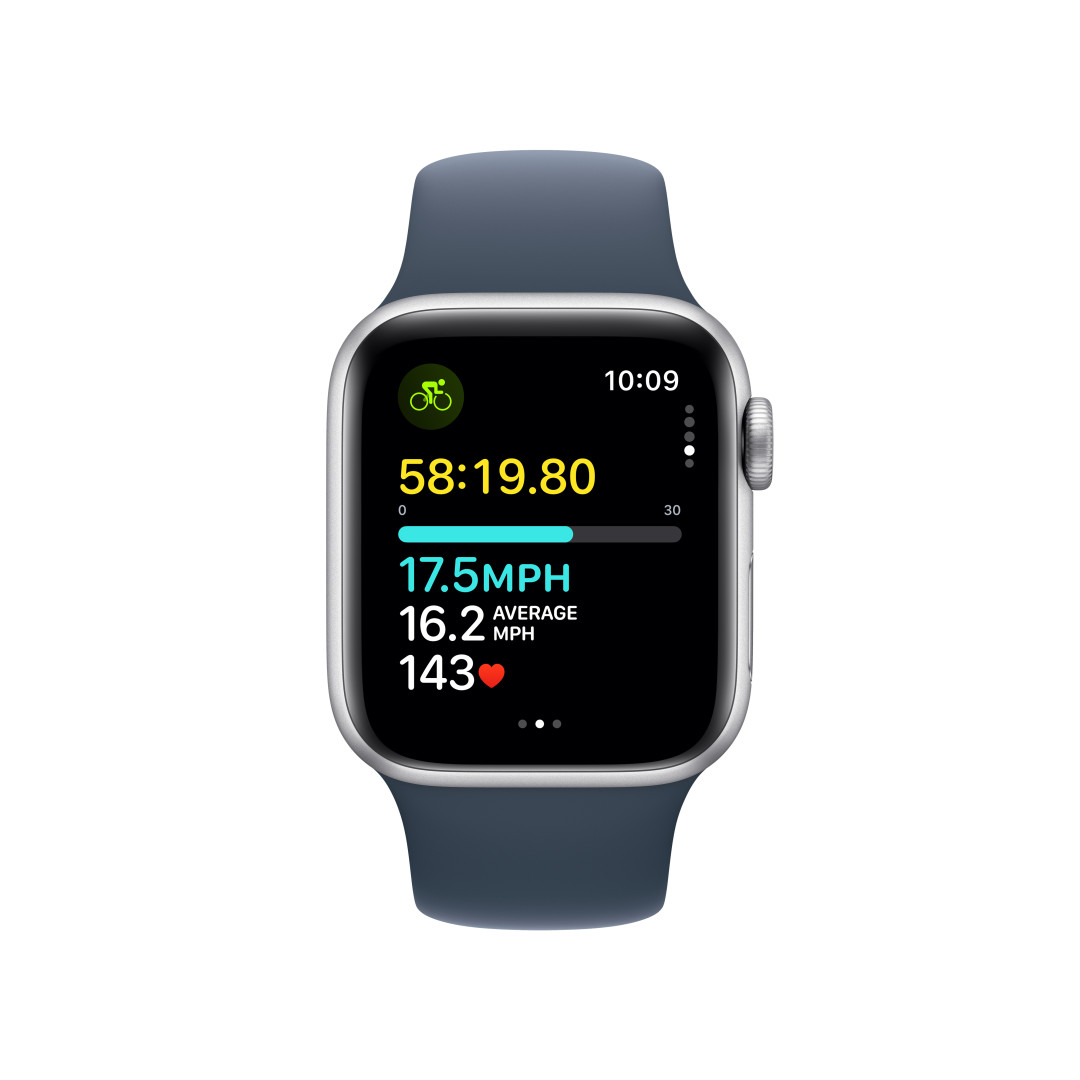 Apple Watch SE 40mm Stříbrný hliník s bouřkově modrým sportovním řemínkem - S/M