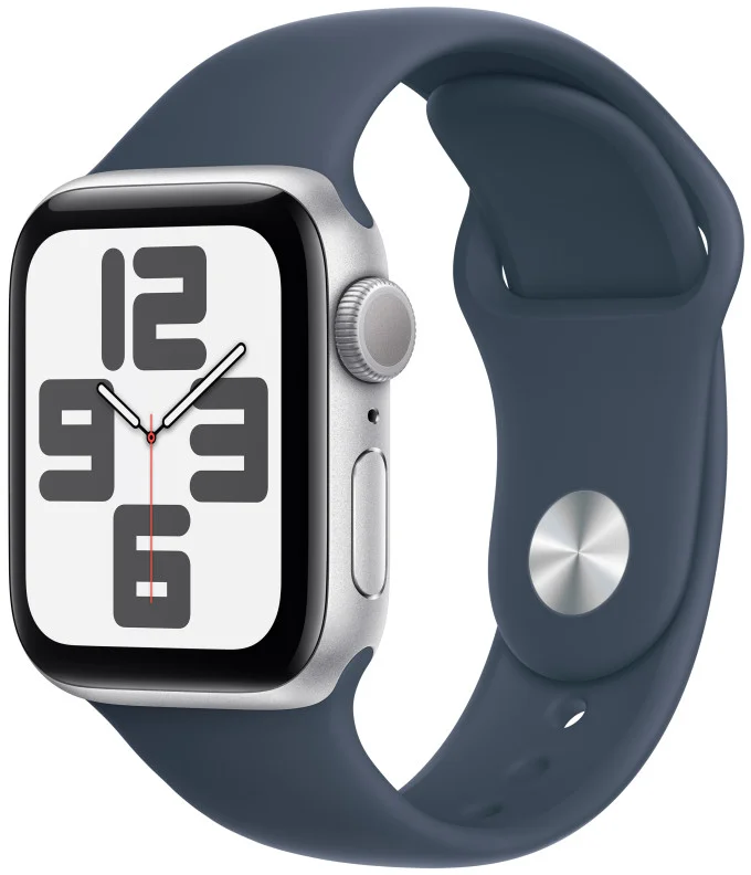 Apple Watch SE 40mm Stříbrný hliník s bouřkově modrým sportovním řemínkem - S/M
