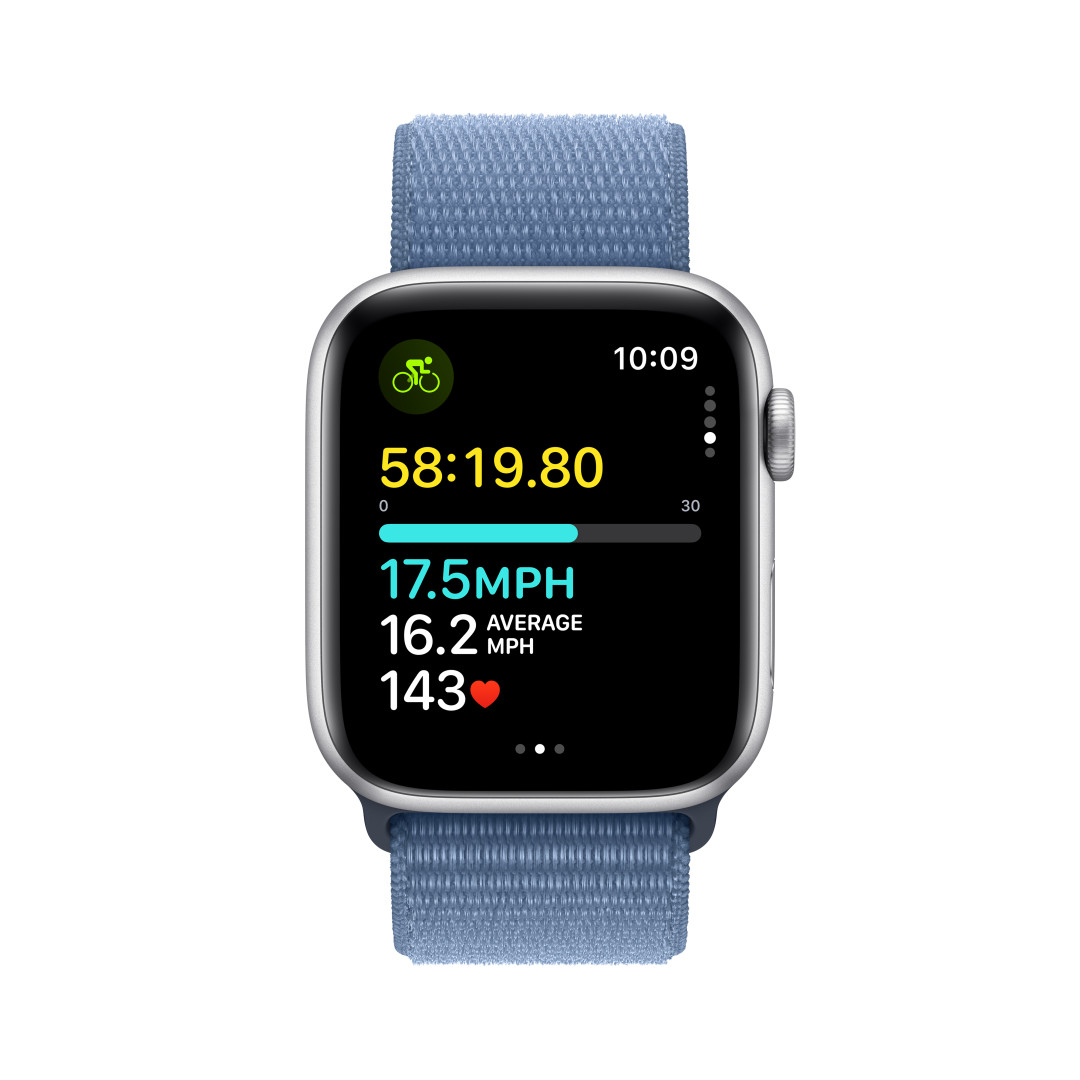 Apple Watch SE Cellular 44mm Stříbrný hliník s ledově modrým provlékacím sportovním řemínkem