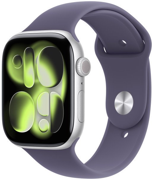 Apple Watch Series 11 GPS 42 mm strieborné puzdro Fialový športový remienok - S/M