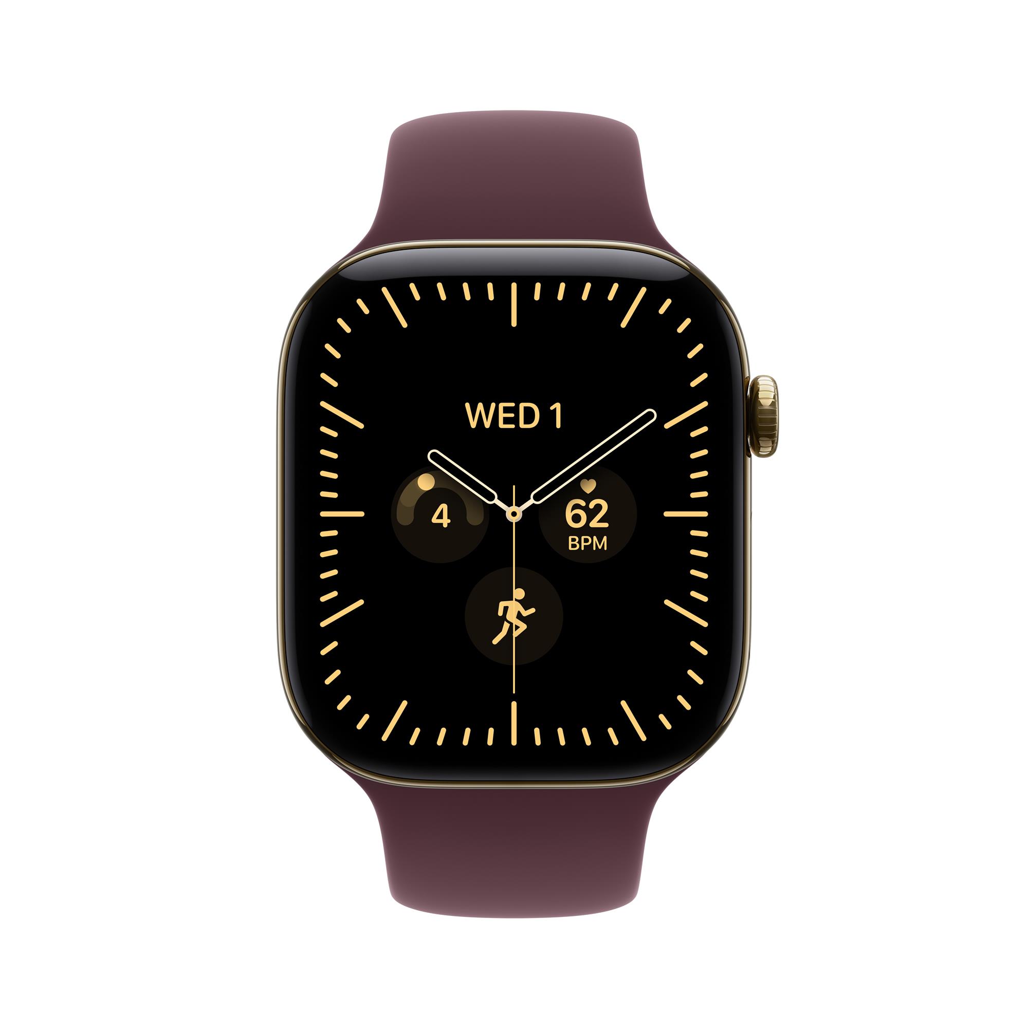 Apple Watch Series 12 GPS + Cellular 42 mm, puzdro z titánu v odtieni Radiant Gold so športovým remienkom v odtieni Burgundy – S/M