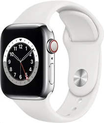 APPLE Watch Series 6 GPS+Cellular,44mm Silver Stainless Steel Case with White Sport Band