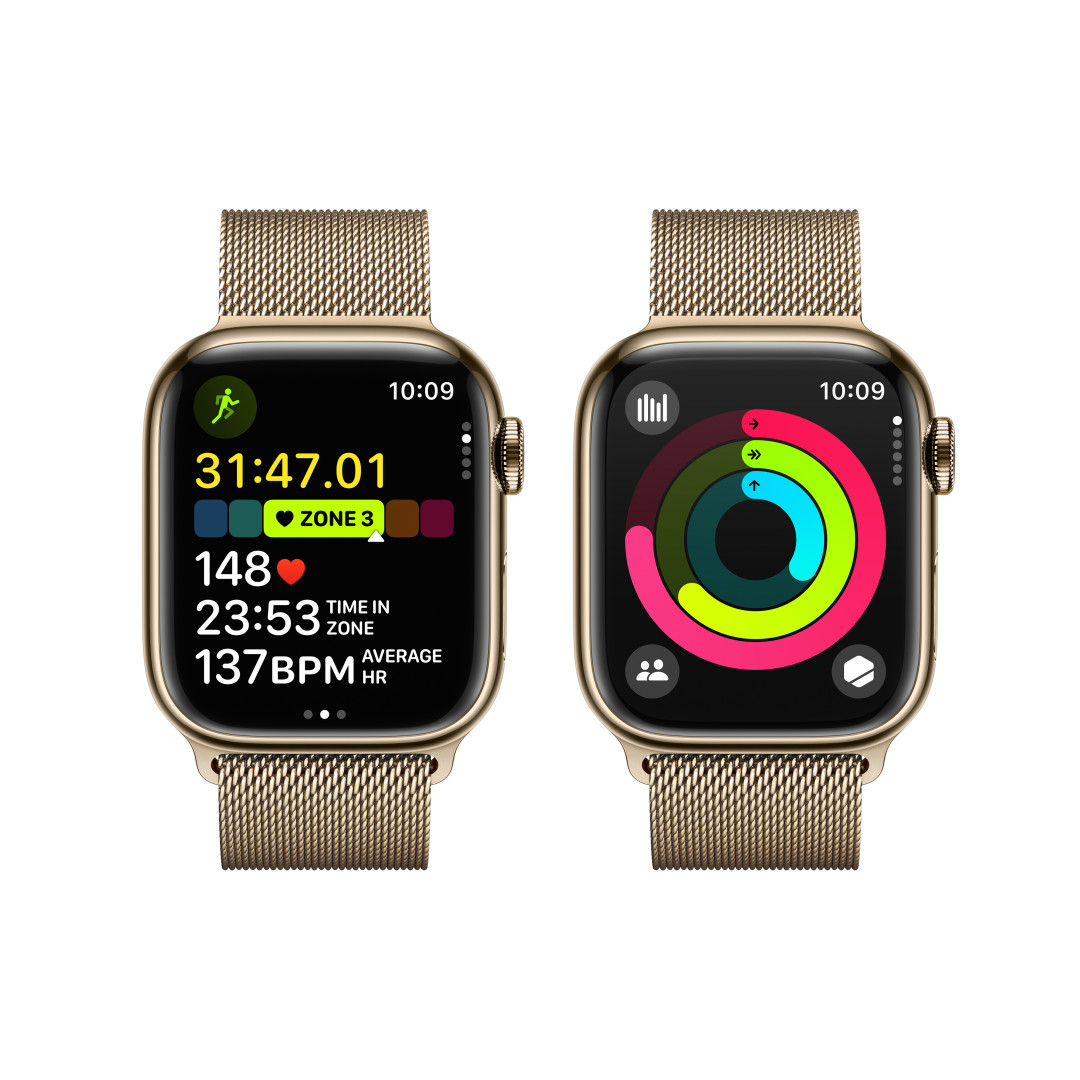 Apple Watch Series 9 41 mm Cellular Gold z nehrdzavejúcej ocele so zlatým milánskym napínačom