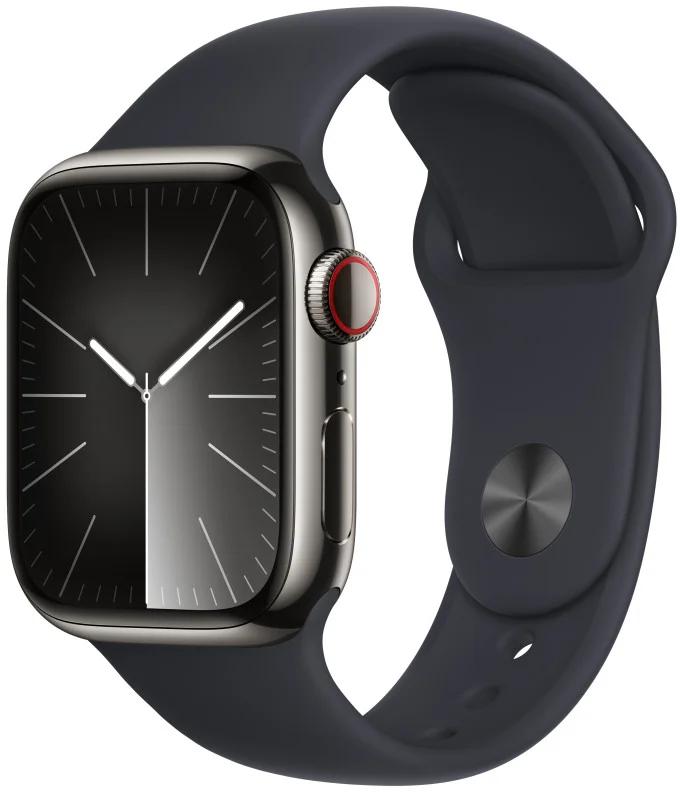 Apple Watch Series 9 41 mm Cellular Graphite Grey z nehrdzavejúcej ocele s tmavým atramentovým športovým remienkom - M/L