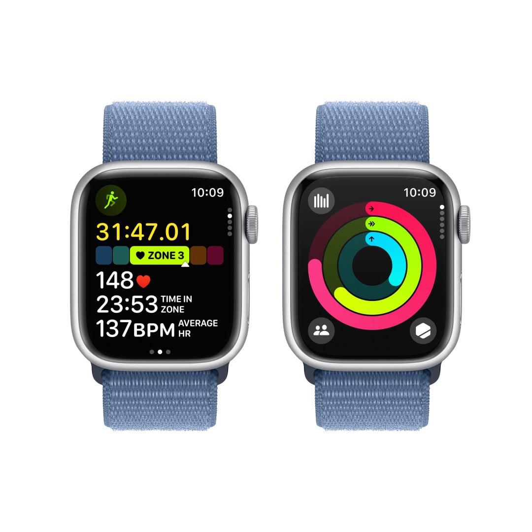 Apple Watch Series 9 41mm Cellular Stříbrný hliník s ledově modrým provlékacím sportovním řemínkem