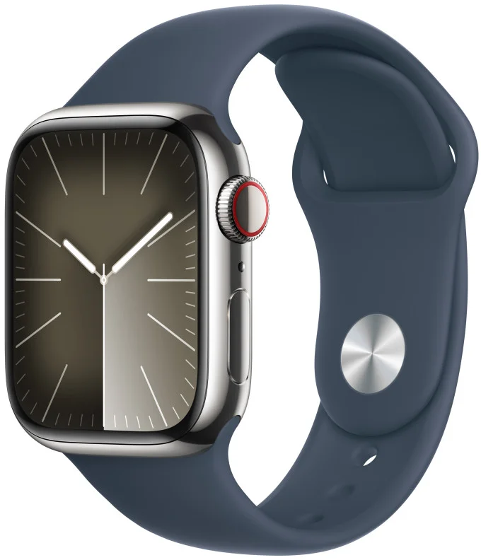 Apple Watch Series 9 41mm Cellular Stříbrný nerez s ledově modrým sportovním řemínkem - M/L