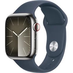 Apple Watch Series 9 41mm Cellular Stříbrný nerez s ledově modrým sportovním řemínkem - M/L