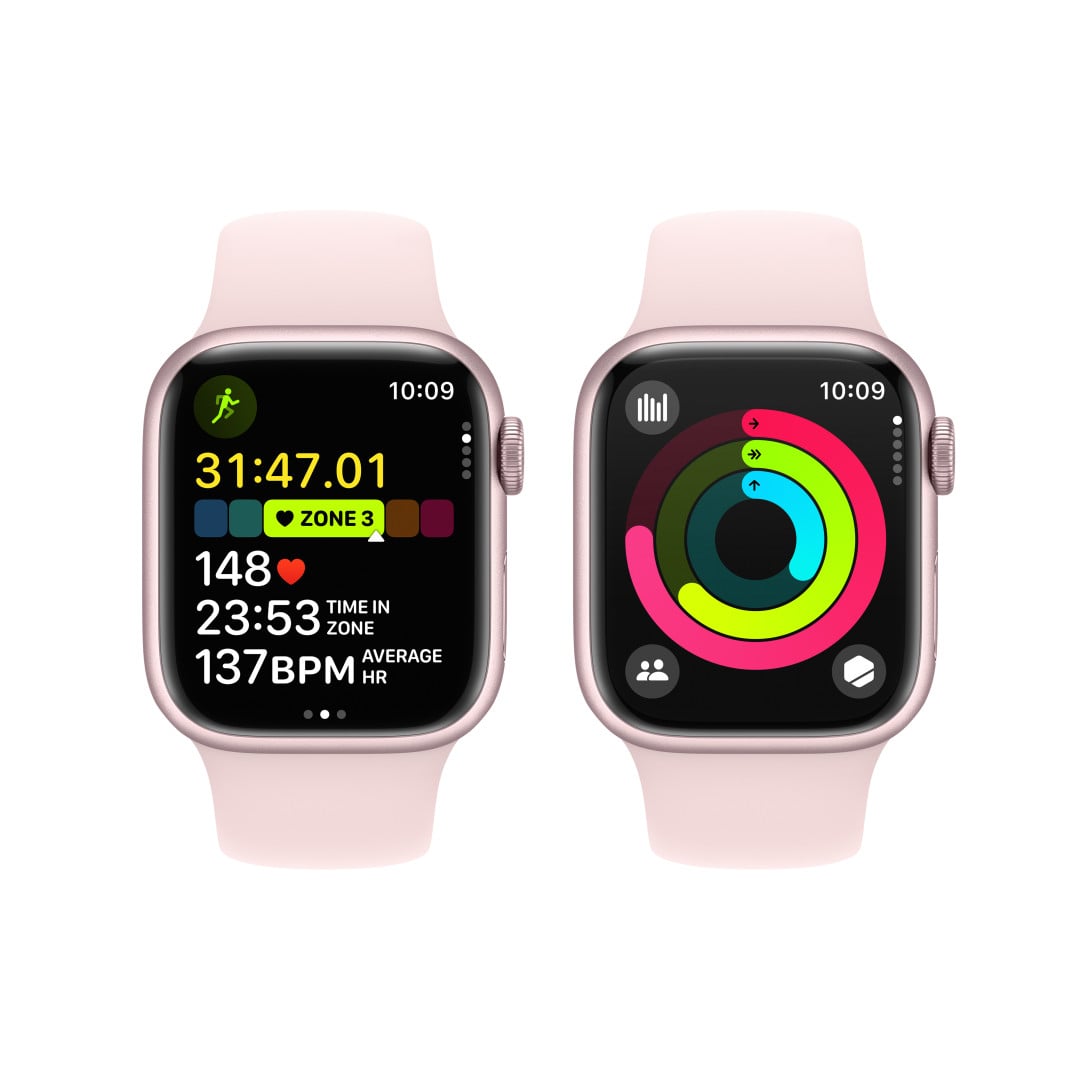 Apple Watch Series 9 41mm Růžový hliník se světle růžovým sportovním řemínkem - M/L