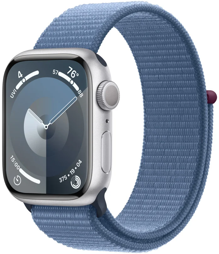 Apple Watch Series 9 41mm Stříbrný hliník s ledově modrým provlékacím sportovním řemínkem
