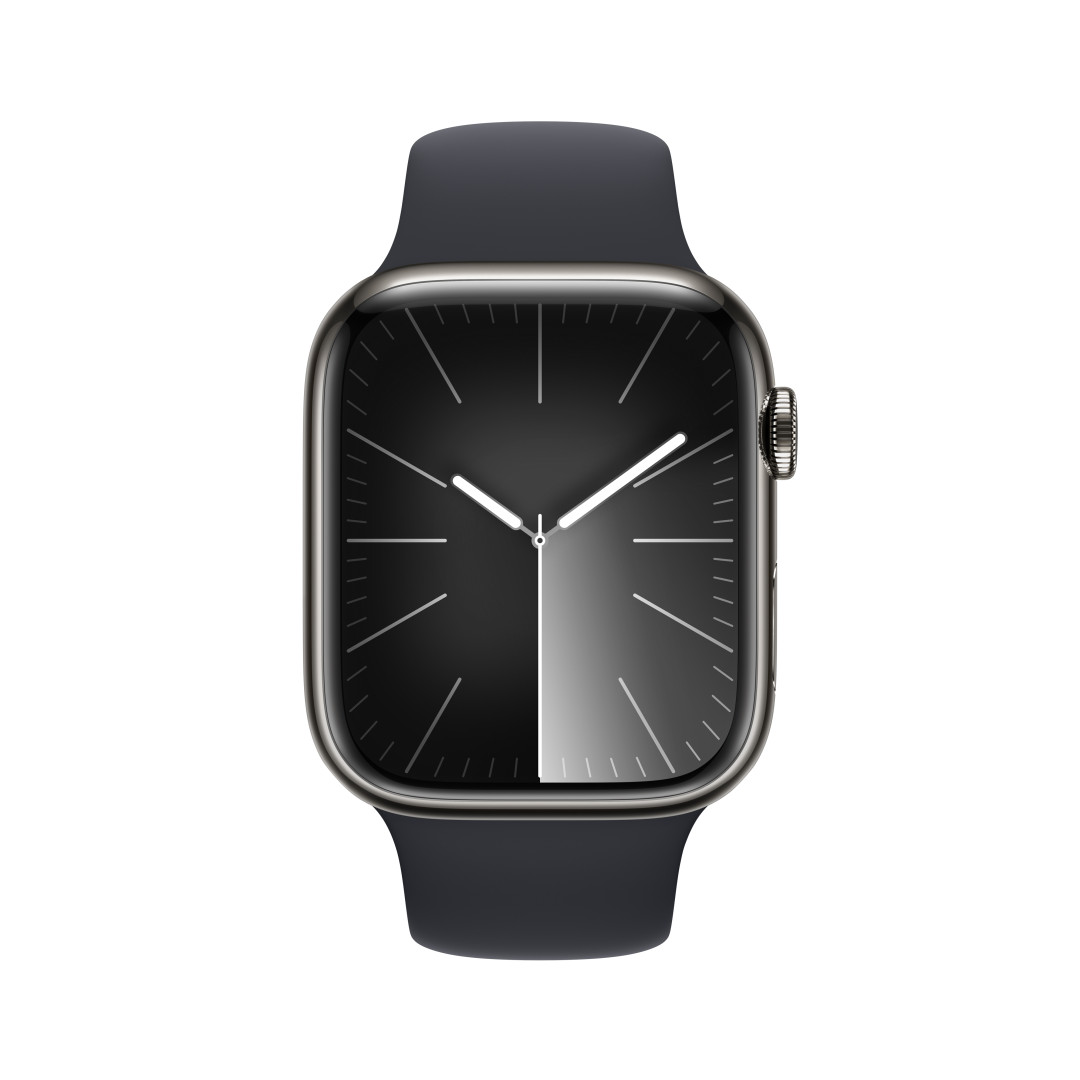 Apple Watch Series 9 45 mm Cellular Graphite Grey z nehrdzavejúcej ocele s tmavým atramentovým športovým remienkom - M/L
