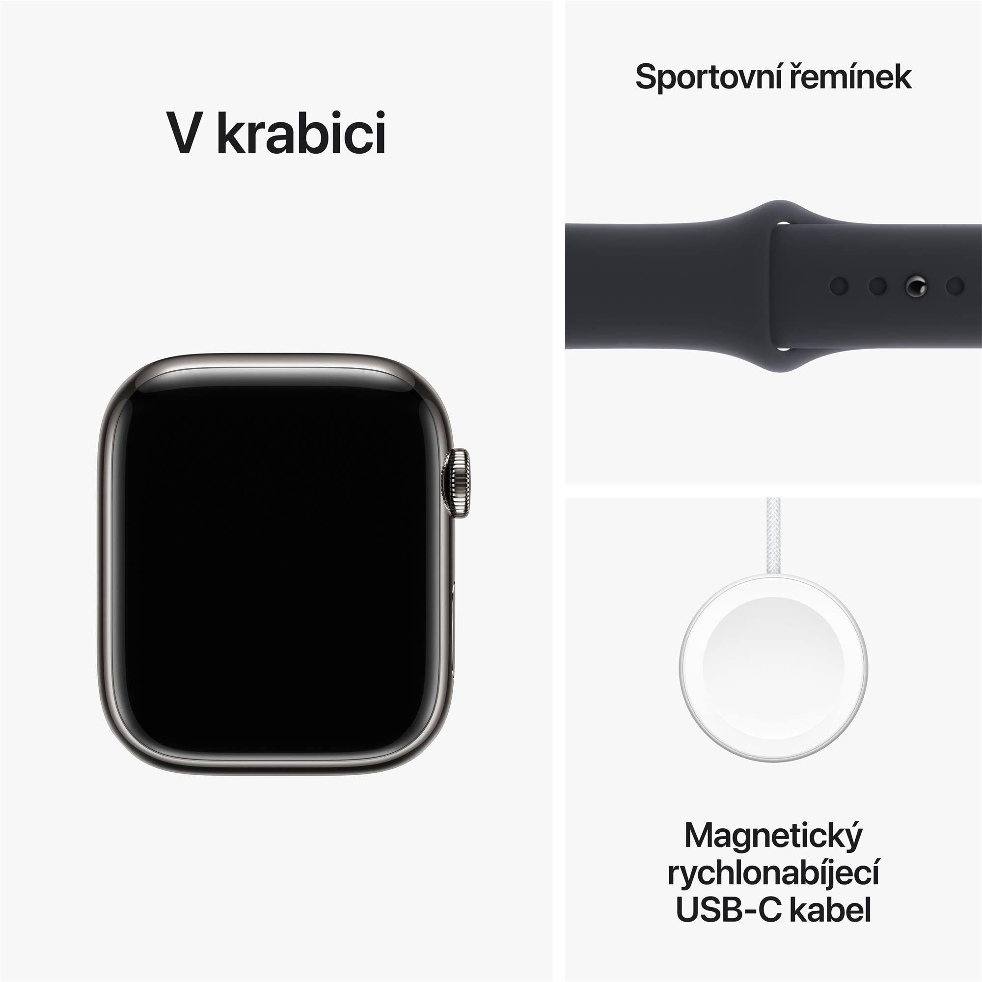 Apple Watch Series 9 45 mm Cellular Graphite Grey z nehrdzavejúcej ocele s tmavým atramentovým športovým remienkom - M/L