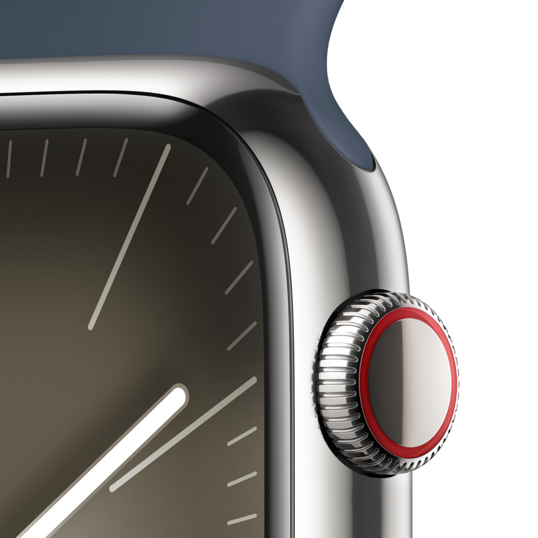Apple Watch Series 9 45 mm Cellular Silver z nehrdzavejúcej ocele s ľadovo modrým športovým remienkom - M/L