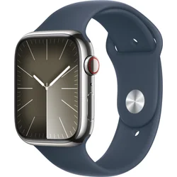 Apple Watch Series 9 45 mm Cellular Silver z nehrdzavejúcej ocele s ľadovo modrým športovým remienkom - S/M