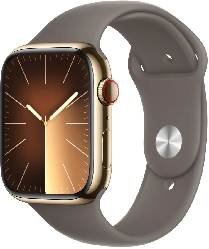 Apple Watch Series 9 45 mm Cellular Zlaté z nehrdzavejúcej ocele s hlineno-sivým športovým remienkom - S/M
