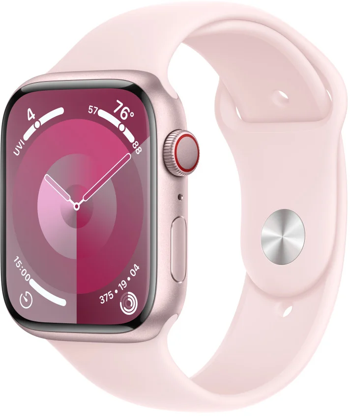 Apple Watch Series 9 45mm Cellular Růžový hliník se světle růžovým sportovním řemínkem - S/M
