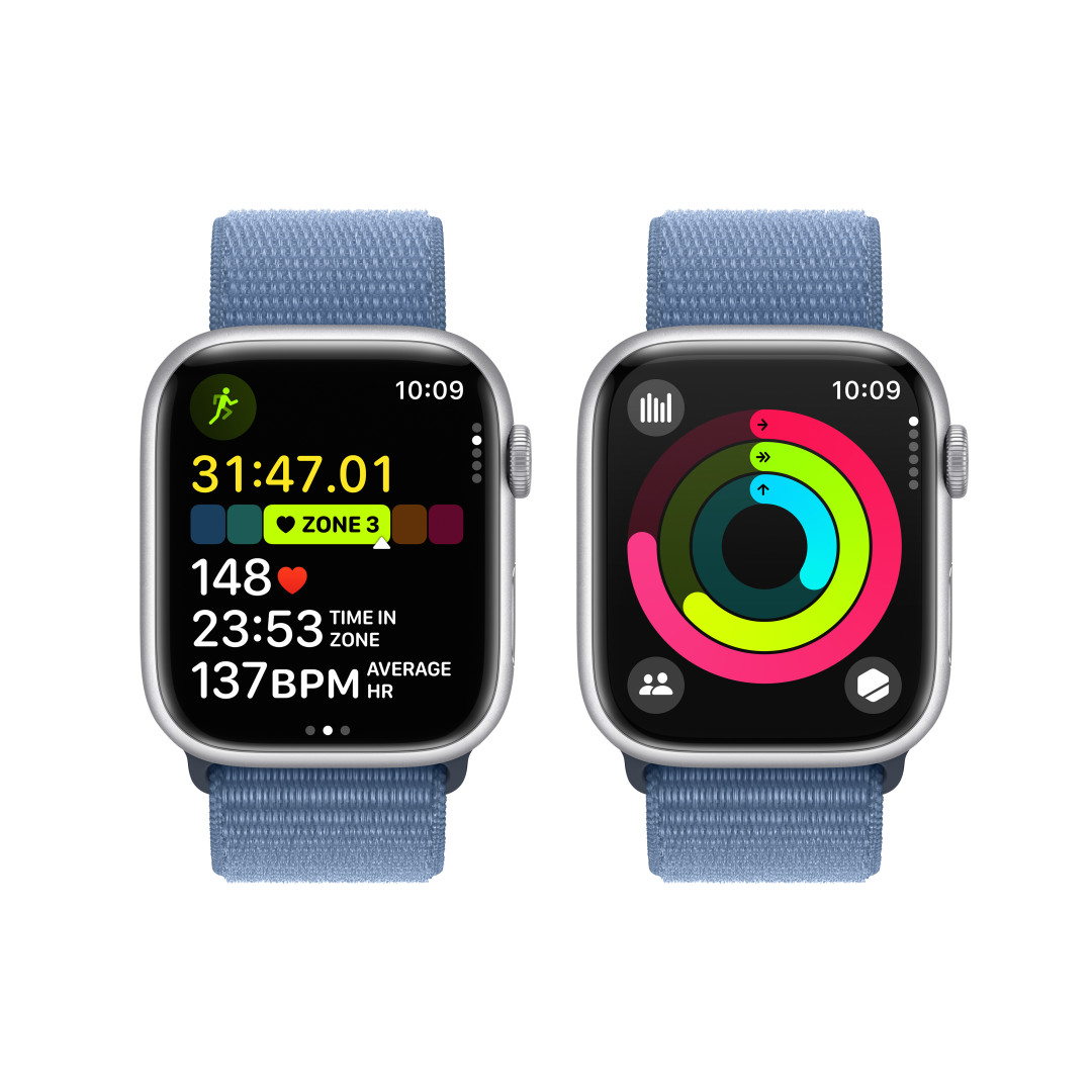 Apple Watch Series 9 45mm Cellular Stříbrný hliník s ledově modrým provlékacím sportovním řemínkem