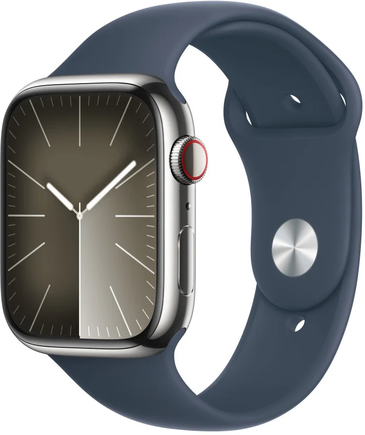 Apple Watch Series 9 45mm Cellular Stříbrný nerez s ledově modrým sportovním řemínkem - S/M