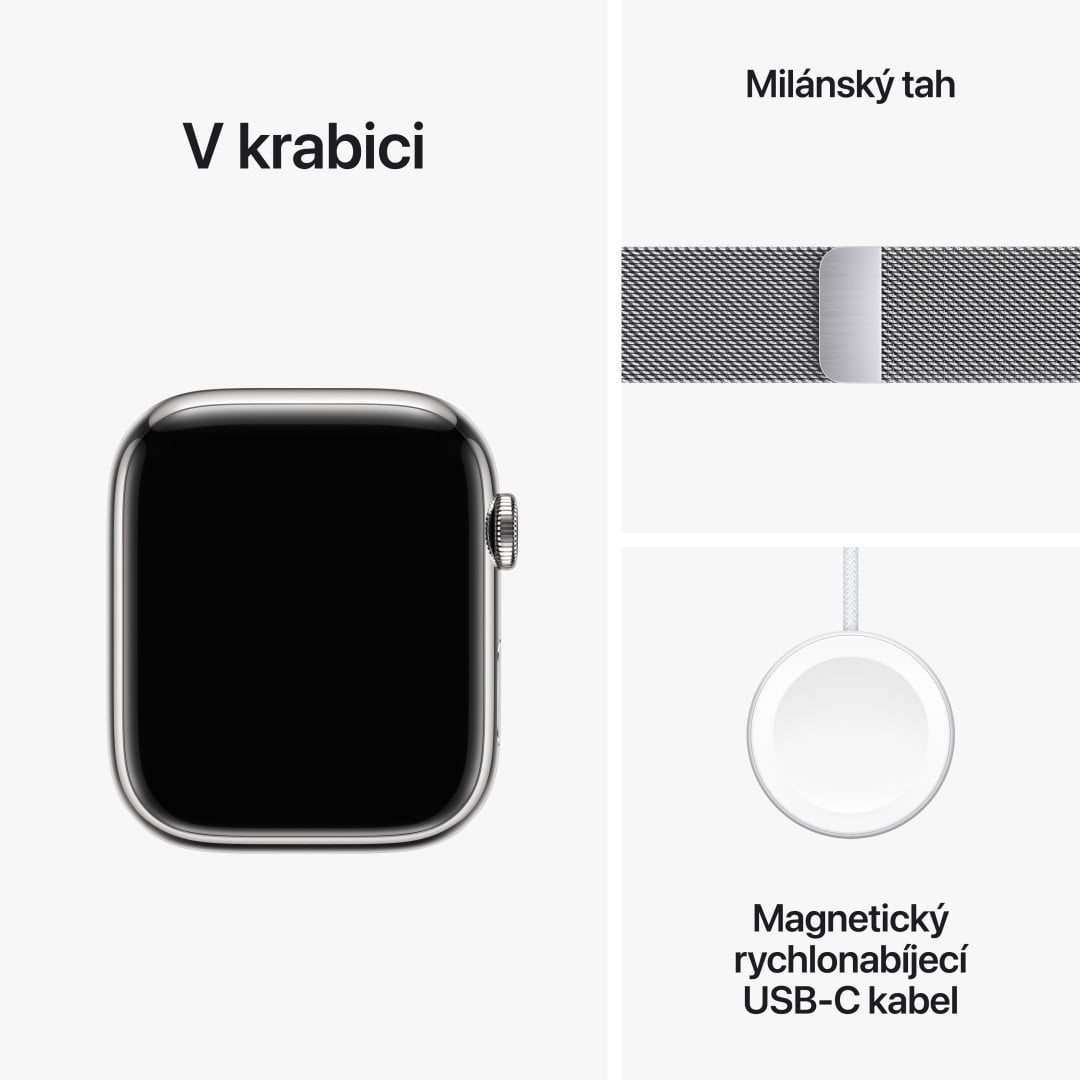 Apple Watch Series 9 45mm Cellular Stříbrný nerez se stříbrným milánským tahem