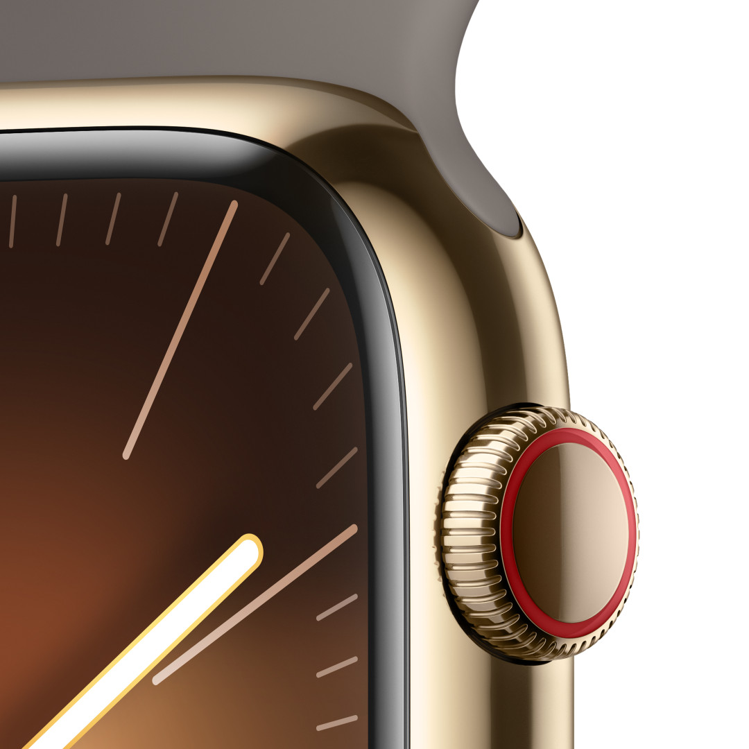 Apple Watch Series 9 45mm Cellular Zlatý nerez s jílově šedým sportovním řemínkem - S/M