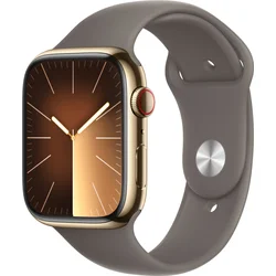 Apple Watch Series 9 45mm Cellular Zlatý nerez s jílově šedým sportovním řemínkem - S/M