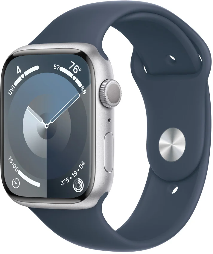 Apple Watch Series 9 45mm Stříbrný hliník s ledově modrým sportovním řemínkem - M/L
