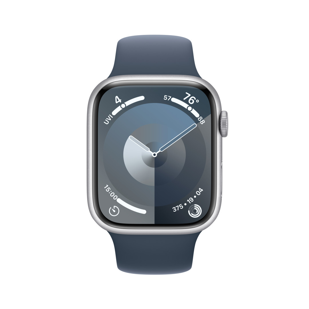 Apple Watch Series 9 45mm Stříbrný hliník s ledově modrým sportovním řemínkem - S/M