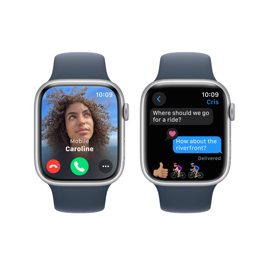 Apple Watch Series 9 45mm Stříbrný hliník s ledově modrým sportovním řemínkem - S/M
