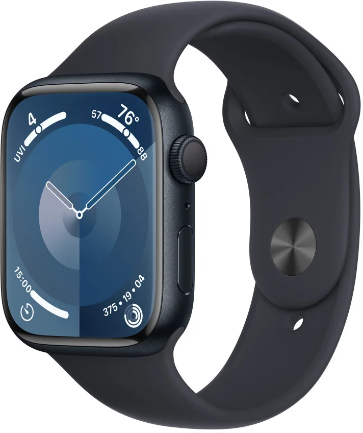 Apple Watch Series 9 45mm Temně inkoustový hliník s temně inkoustovým sportovním řemínkem - S/M