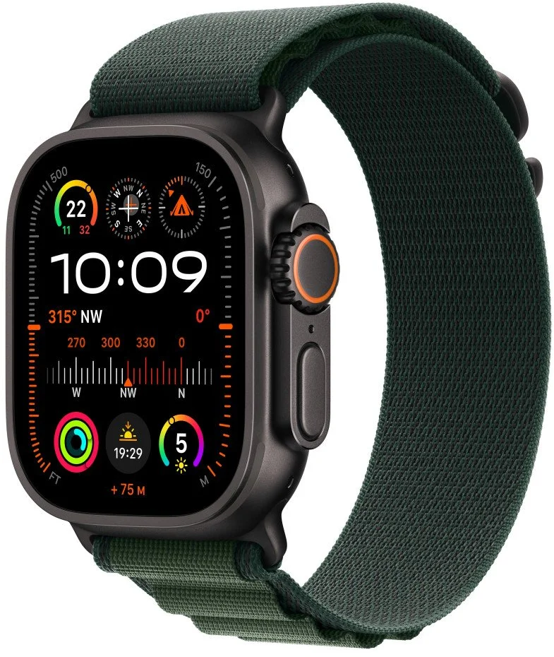 Apple Watch Ultra 2 GPS + Cellular 49 mm čierne titánové puzdro s tmavozelenou alpskou slučkou - malé (MX4Q3CS/A)