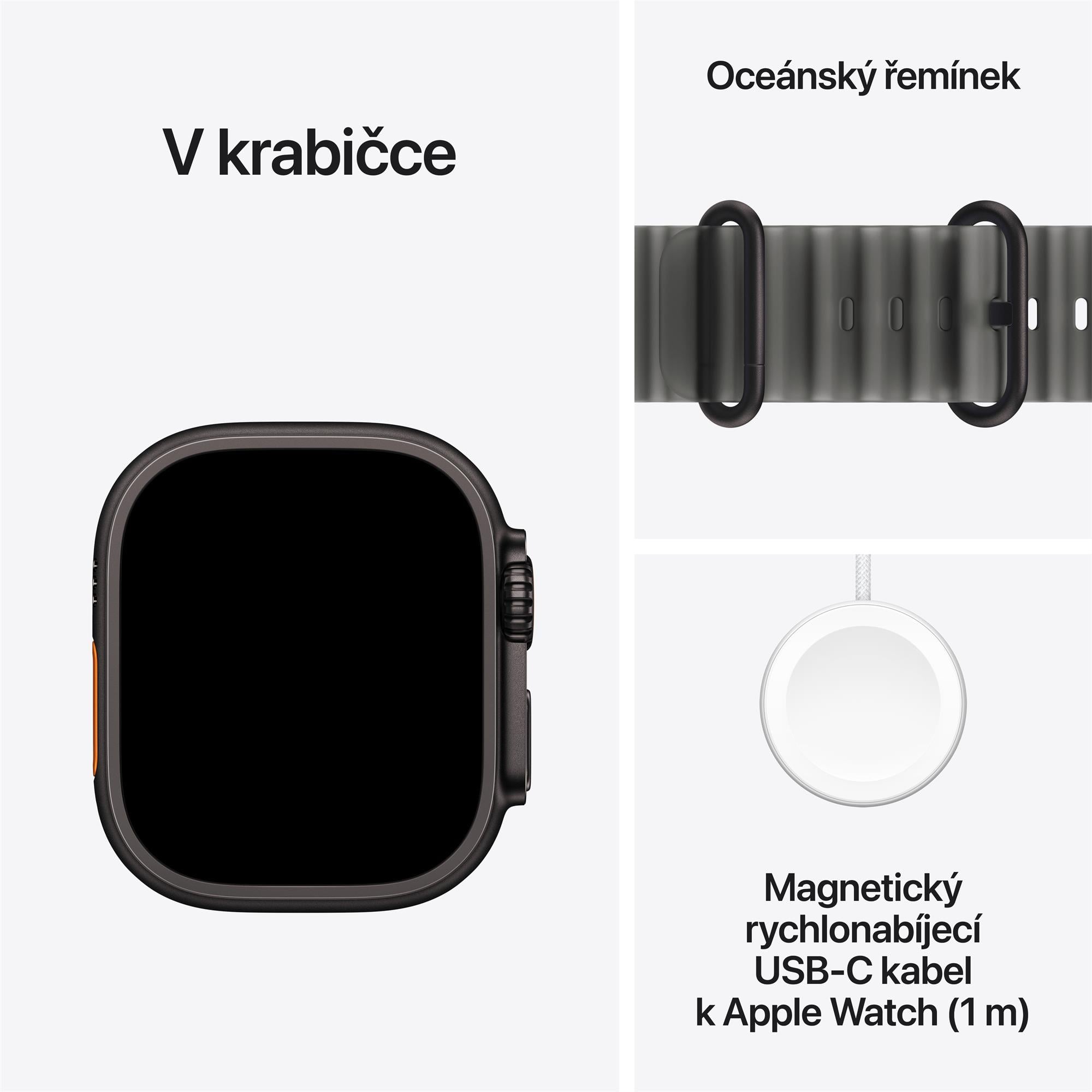 Apple Watch Ultra 4 GPS + Cellular 49 mm, čierne titánové puzdro s priehľadným čiernym remienkom Ocean Band