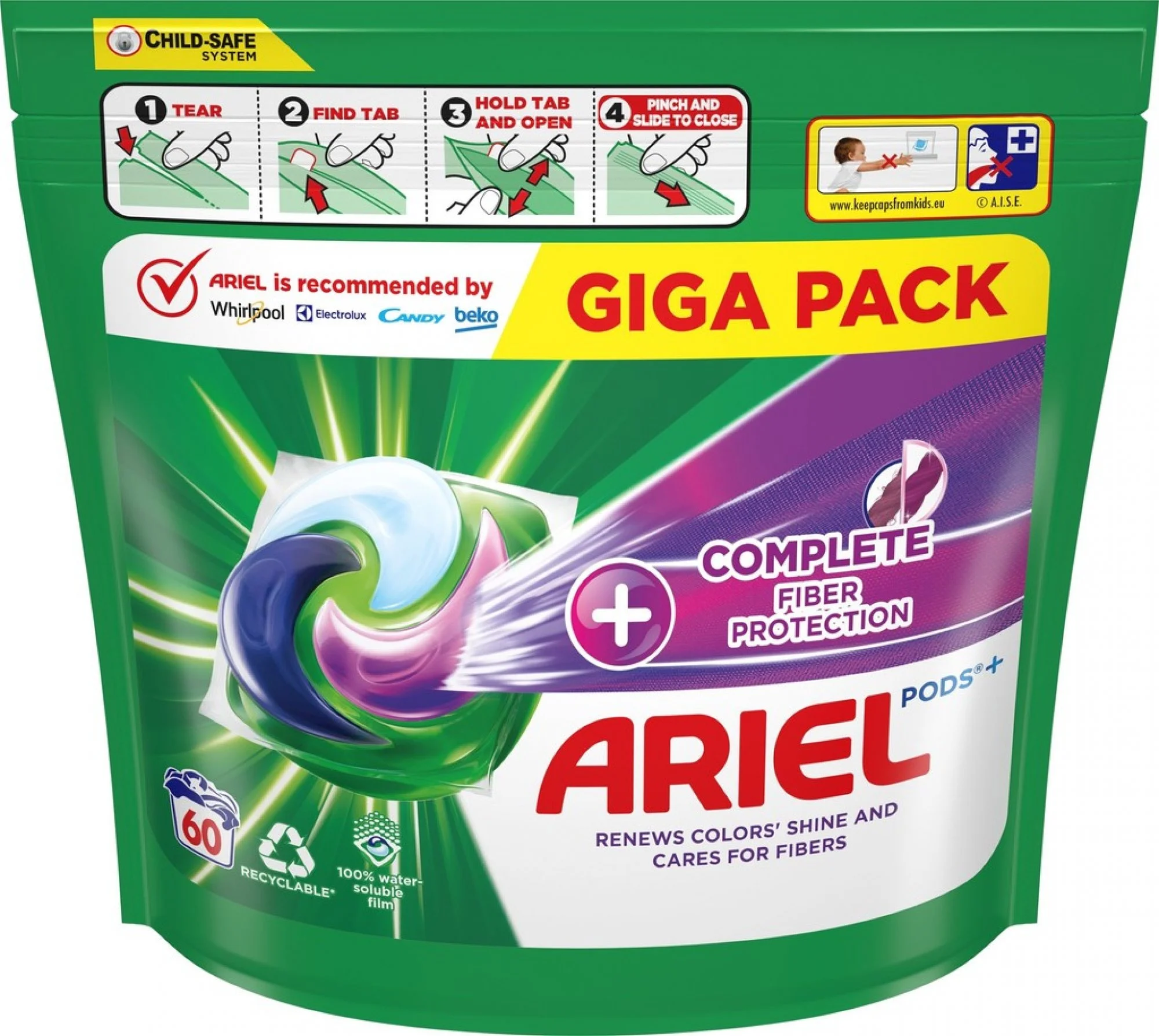 Ariel pracie gélové kapsuly + kompletná ochrana proti vlákninám, 60 ks