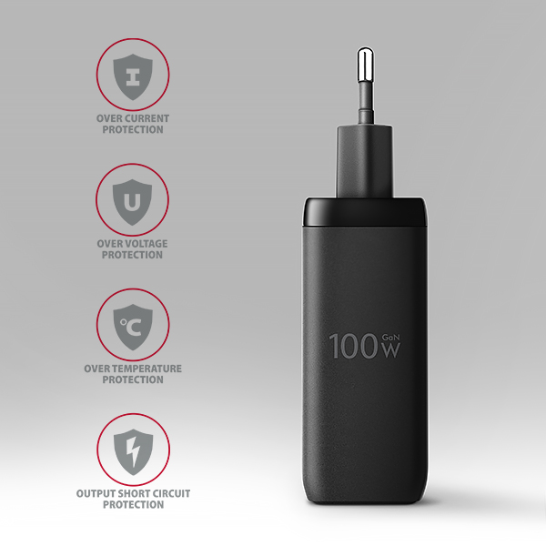 AXAGON ACU-DPQ100, sieťová nabíjačka GaN 100 W, 3x port (USB-A + dvojitý USB-C), PD3.0/PPS/QC4+/Apple