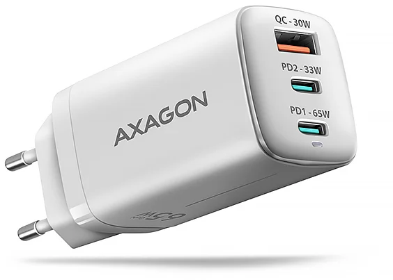 AXAGON ACU-DPQ65W, GaN nabíječka do sítě 65W, 3x port (USB-A + dual USB-C), PD3.0/QC4+/PPS/Apple