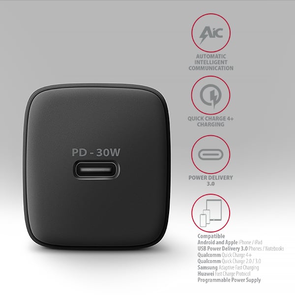 AXAGON ACU-PD30, sieťová nabíjačka 30 W, 1x port USB-C, PD3.0/PPS/QC4+/SFC/AFC/Apple, čierna